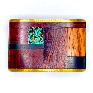 Vintage Kenneth Reid Handmade Brass Wood & Turquoise Belt Buckle New Mexico USA